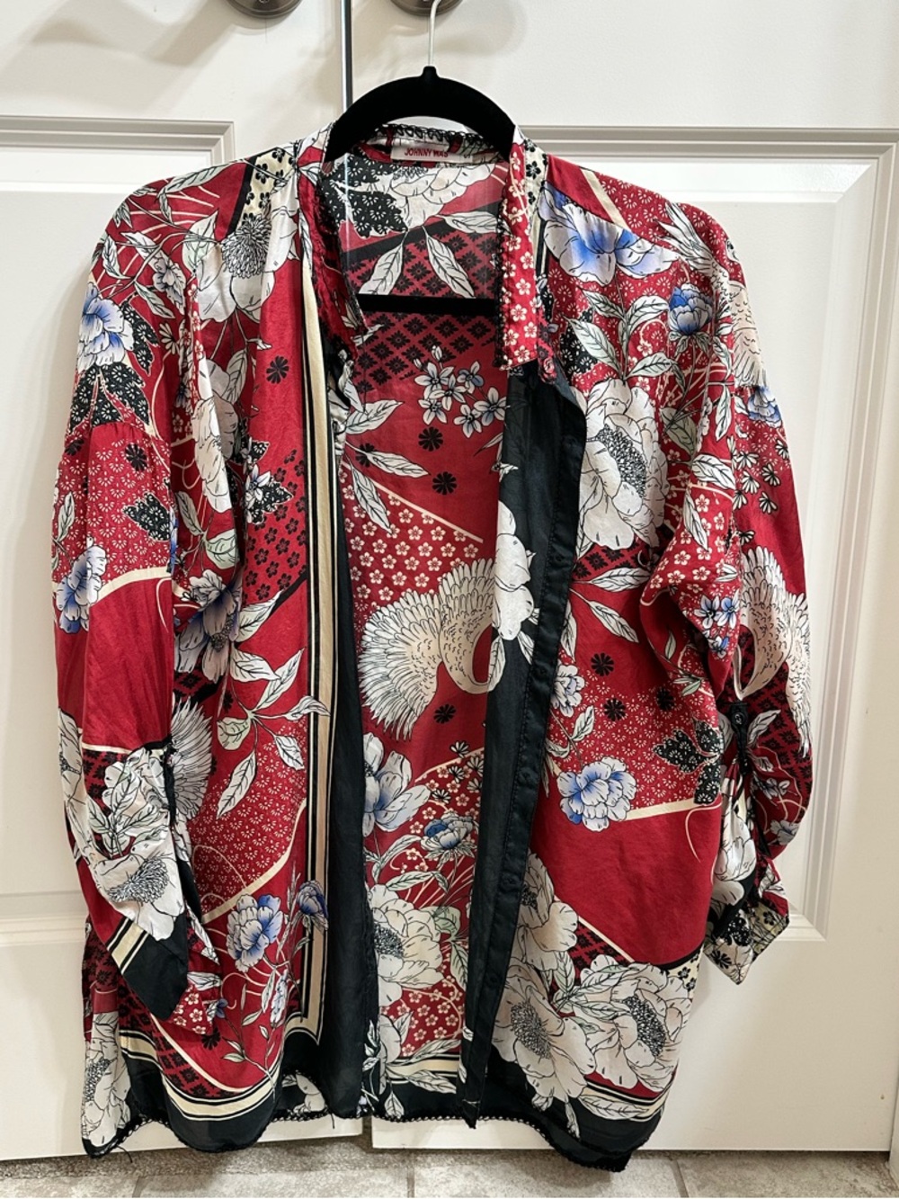 Johnny Was Red Floral Print Lightweight Button Up Shirt